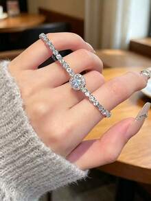 1pc Luxury Cubic Zirconia Geometric Copper Alloy Bracelet, Suitable For Women's Daily And Party Wear - Silver - View 2