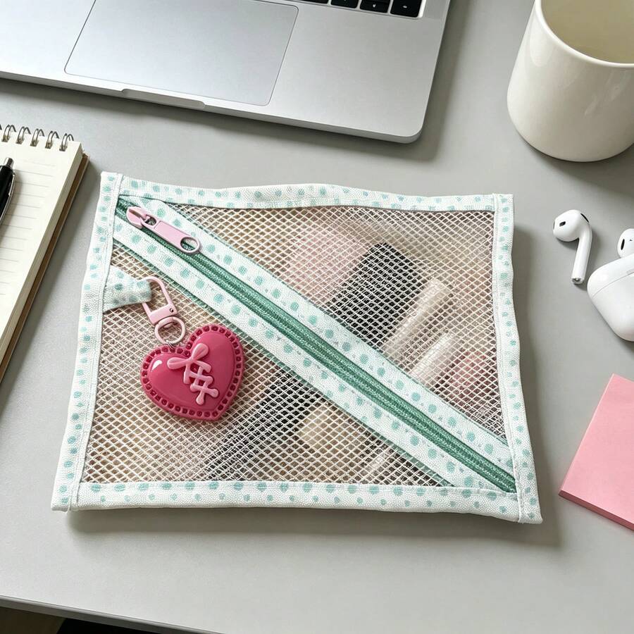 Tas Penyimpanan Jaring Liontin Pita Hati, Kantong Perlengkapan Mandi Portabel Kapasitas Besar Serbaguna untuk Perjalanan, Cocok untuk Menyimpan Kabel Data, Pengisi Daya, Jepit Rambut, dan Barang-Barang Kecil - View 1