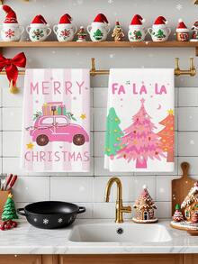 2pcs Pink Christmas Tree And Merry Christmas Print Kitchen Towels, Festive Dish Cloths, Suitable For Kitchen Cleaning & Christmas Decor - Pink - View 8