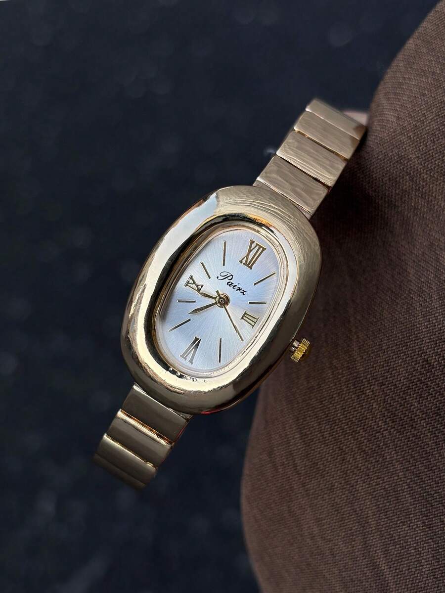 1pc Classic Gold Women's Quartz Watch Oval White Dial With Mixed Hour Markers Suitable For Daily Wear & Gifting - Gold - View 1