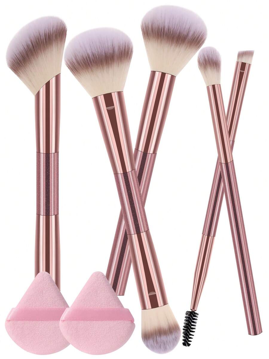 7-Piece Dual Head Makeup Brush Set, Suitable For Liquids, Creams, And Powders - Polishing, Blending, And Facial Brushes+2 Triangular Powder Puffs - Rose Gold - View 1