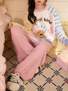 Gongdie 2 Pieces Disney Roo Women Fleece Pajama Sets,Winter Pink Thick Loungewear With Raglan Sleeves And Pocket - Pink - View 5
