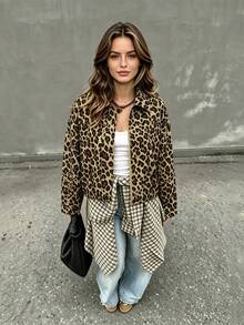 Women's Khaki Leopard Print Short Regular Fit Woven Jacket, Lapel Long Sleeve Zipper Short Top, Vintage Stylish Outerwear, Suitable For Autumn/Winter Daily, Street Style, Commuting, Weekend Outings - Multicolor - View 3