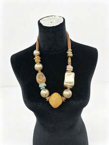 Women Bohemian Chunky Beaded Statement Necklace, Mixed Stone & Matte Gold Beads Design, Fashion Accessory For Party Banquet, Gift For Friends & Family - Multicolor - View 7