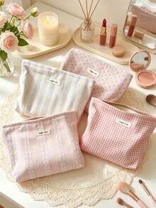 1pc Sweet Pink Cosmetic Bag For Women Soft Fabric Zipper Makeup Organizer Large Capacity Make Up Pouch Jacquard Clutch Pouch Grid & Strip Toiletry Bag - Multicolor - View 2