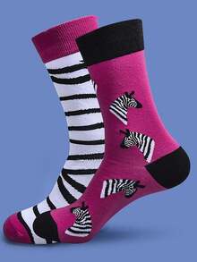 2 Pairs Unisex Fashionable Warm Zebra Stripe AB Style Calf Socks, Suitable For Autumn Wear - Multicolor - View 1
