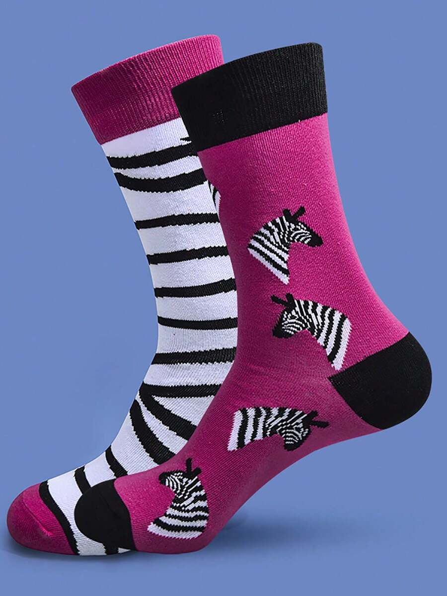 2 Pairs Unisex Fashionable Warm Zebra Stripe AB Style Calf Socks, Suitable For Autumn Wear - Multicolor - View 1