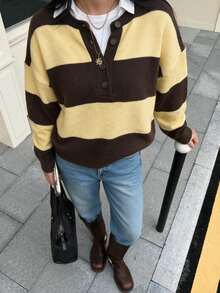 Women's Fashion Street Commute Half-Open Striped Colorblock Warm Comfortable Sweater Top - Multicolor - View 1