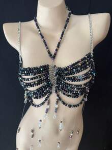ZHENGHEN Sparkly Iridescent Black Crystal Body Chain,Halter Neck Fringe Vest,Bikini Layering Body Accessory For Rave Festival - Black - View 7