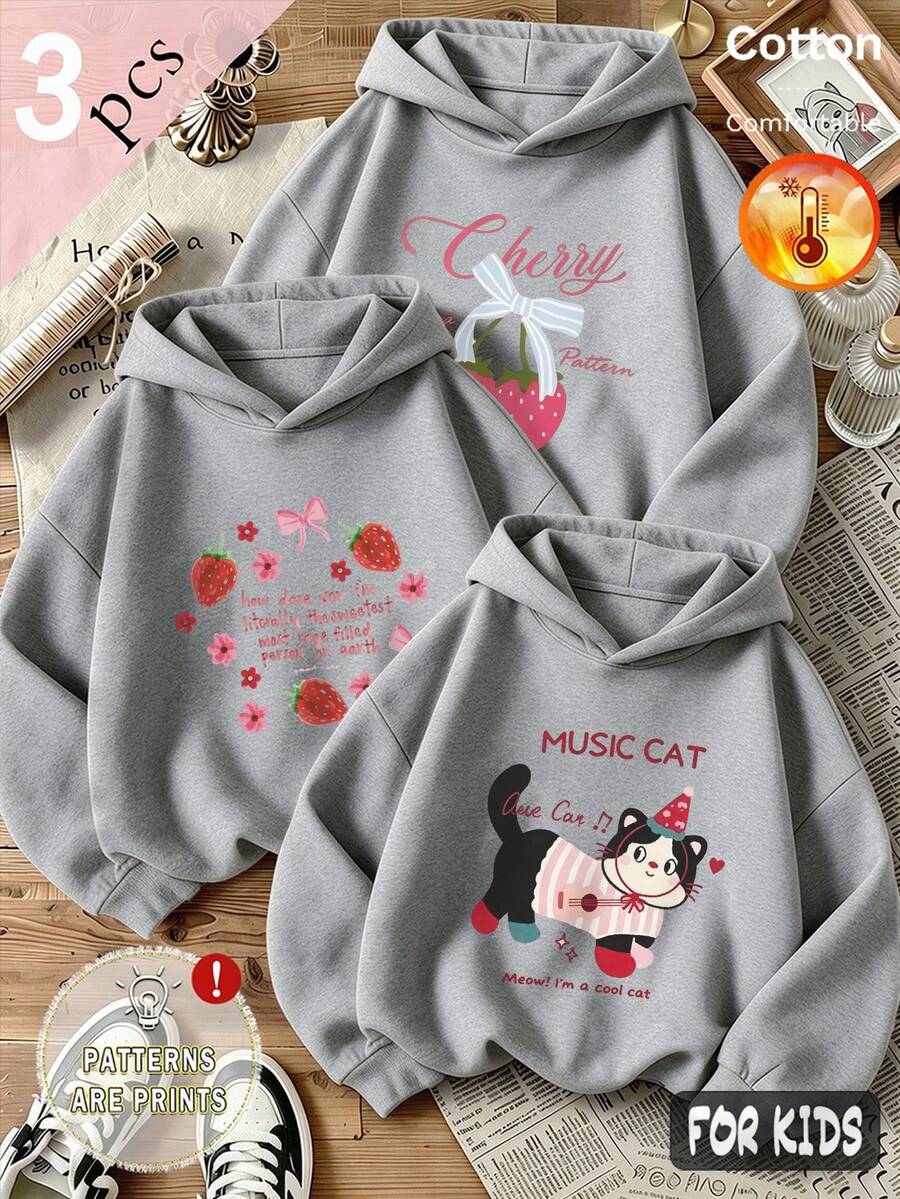 Autumn/Winter 3 Pieces Set Girls' Fleece Hooded Sweatshirt Strawberry Cat Print Letter Decoration Grey Long Sleeve Soft Y2K Style - Heather Gray+Heather Gray+Heather Gray - View 1