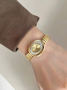 1 Gold Vintage Women's Quartz Watch, Daily Wear, Elastic Strap, Fashionable Personality, Simple And Casual Style, Holiday Gift Selection - Gold - View 3