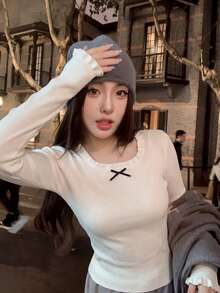 Sweet Desire Wood Ear Trim Square Neck Knitted Base Layer Top Women Spring Autumn New Slim Fit Ribbed Long Sleeve Blouse Bow Decor Slimming Inner Wear Sweater - White - View 4