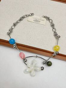 rundraw 1pc Women's Necklace, Silver Metal Colorful Beaded Flower Pendant Personalized Versatile Necklace, Autumn Style Suitable For Daily Wear, Shopping, Party And Gathering - Multicolor - View 2