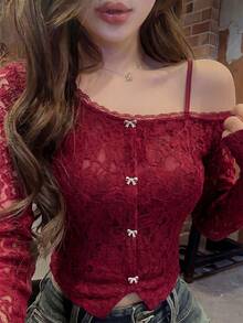 優雅休閒甜美極簡性感街頭風紅色精緻花卉蕾絲長袖露肩開襟衫，附精緻蝴蝶結鈕扣 - 紅色 - 查看 2
