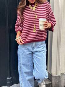 Women's Striped Knit Sweater, 3/4 Sleeve, Medium Stretch, Regular Fit Pullover, Autumn/Winter Outfit - Red - View 3