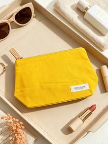 2 Colors L'Occitane Canvas Zipper Makeup Bag Solid Color Cosmetic Storage Pouch Wooden Zipper Pull Large Capacity Travel Toiletry Bag Women's Gift - Yellow - View 3