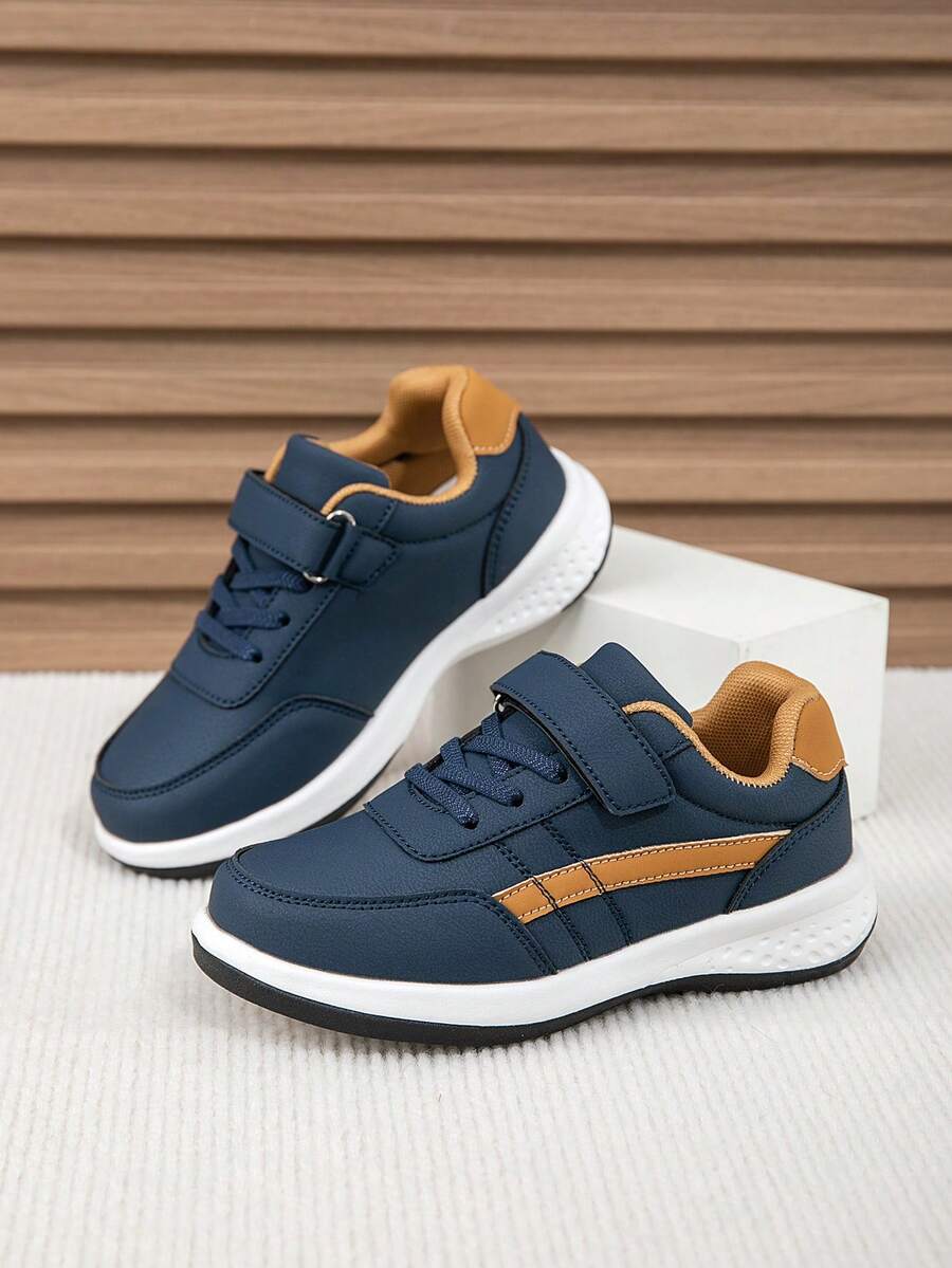 Boys' Colorblock Striped Casual Sneakers, Hook And Loop Easy On/Off Children's Sports Shoes, PU Upper Anti-Slip Low-Top Student Shoes