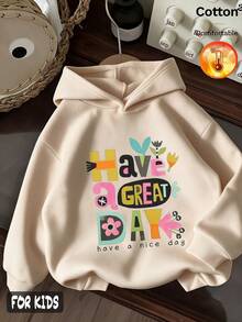 Autumn/Winter 3 Pieces Set Girls Thermal Lined Hooded Sweatshirt Colorful Letter & Graphic Print Long Sleeve Soft Y2K Style - Apricot + Apricot + Apricot - View 4