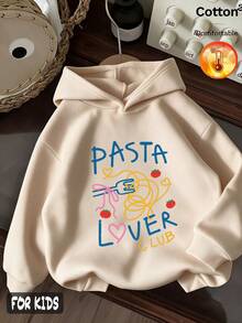 Autumn/Winter 3 Pieces Set Girls Fleece Hooded Sweatshirt, Pasta Lover Club Print, Long Sleeve, Ribbed Cuffs, Y2K Style - Apricot + Apricot + Apricot - View 5
