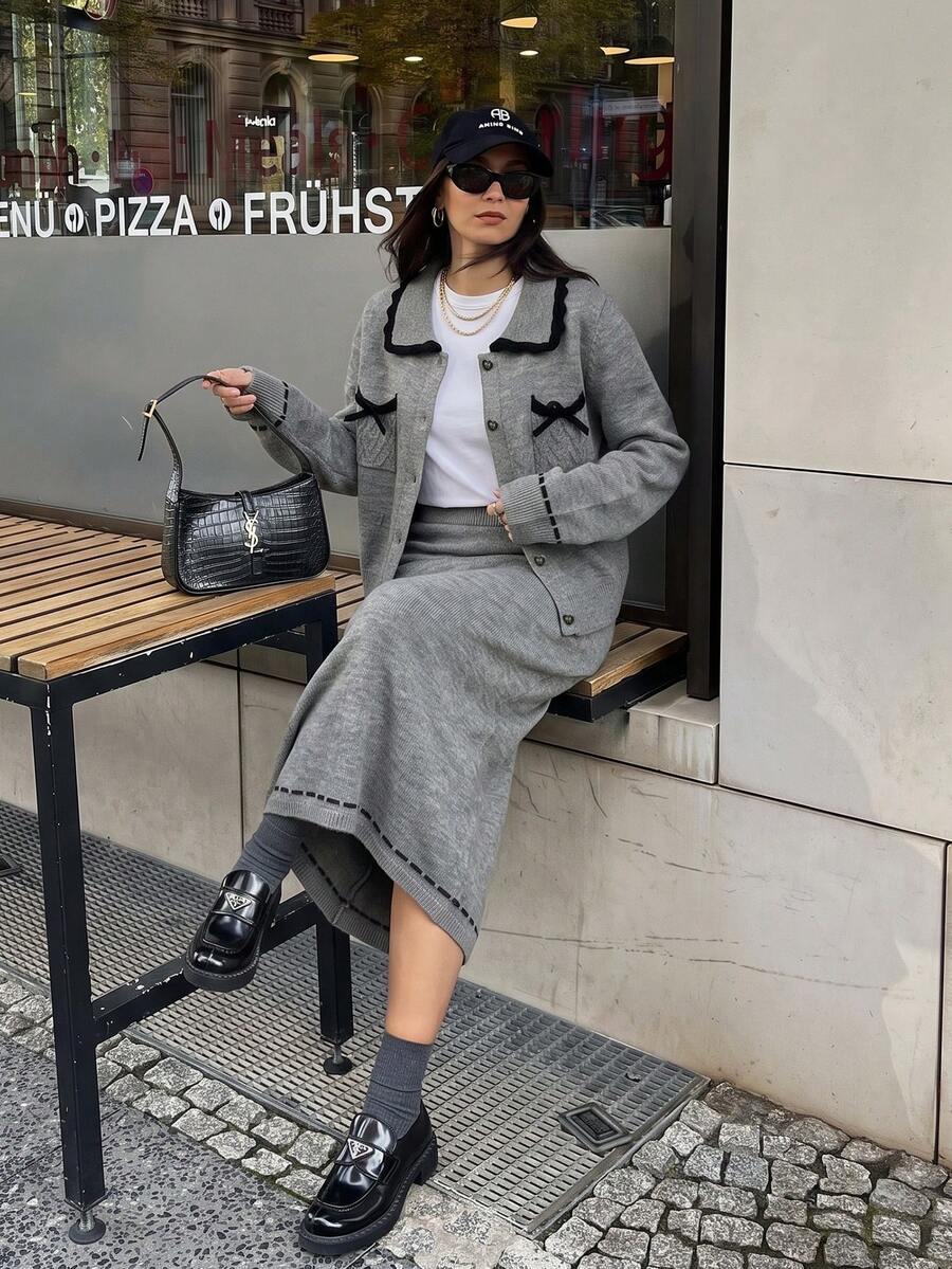 Bow Detail Button Front Knit Cardigan And Midi Skirt Set, Long Sleeve, Slim Fit, Soft Stretch, Grey Elegant Fall Winter Sweater Sets For Women - Grey - View 1