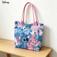 Miniso Disney Stitch & Angel Laptop Shoulder Bag, Cute Floral Print Couple Shoulder Bag For Daily Use - Pink - View 1