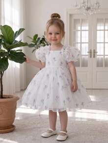 Baby Girls Puff Sleeve Colorblock Bow Print Satin Cute Birthday Dress Suitable For Vacation, No Headband No Bag - Mauve Purple - View 4