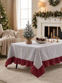 1pc Blue & White Striped Patchwork Red Bottom Edge Tablecloth, Country Vintage Style Rectangular With Red Ruffle Hem Decor, Protects And Beautifies Tabletop, Suitable For Christmas, Holiday And Winter Home Decor - Blue - View 2