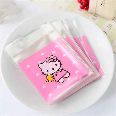 Hasbro Hello Kitty Cartoon Self Sealing OPP Bags, Pink Heart Print Plastic Pouches, Cute Kitty Design Self-Adhesive Packing Bags, Great For Candy, Cookie, Small Jewelry, Handcraft Gift And Party Decoration