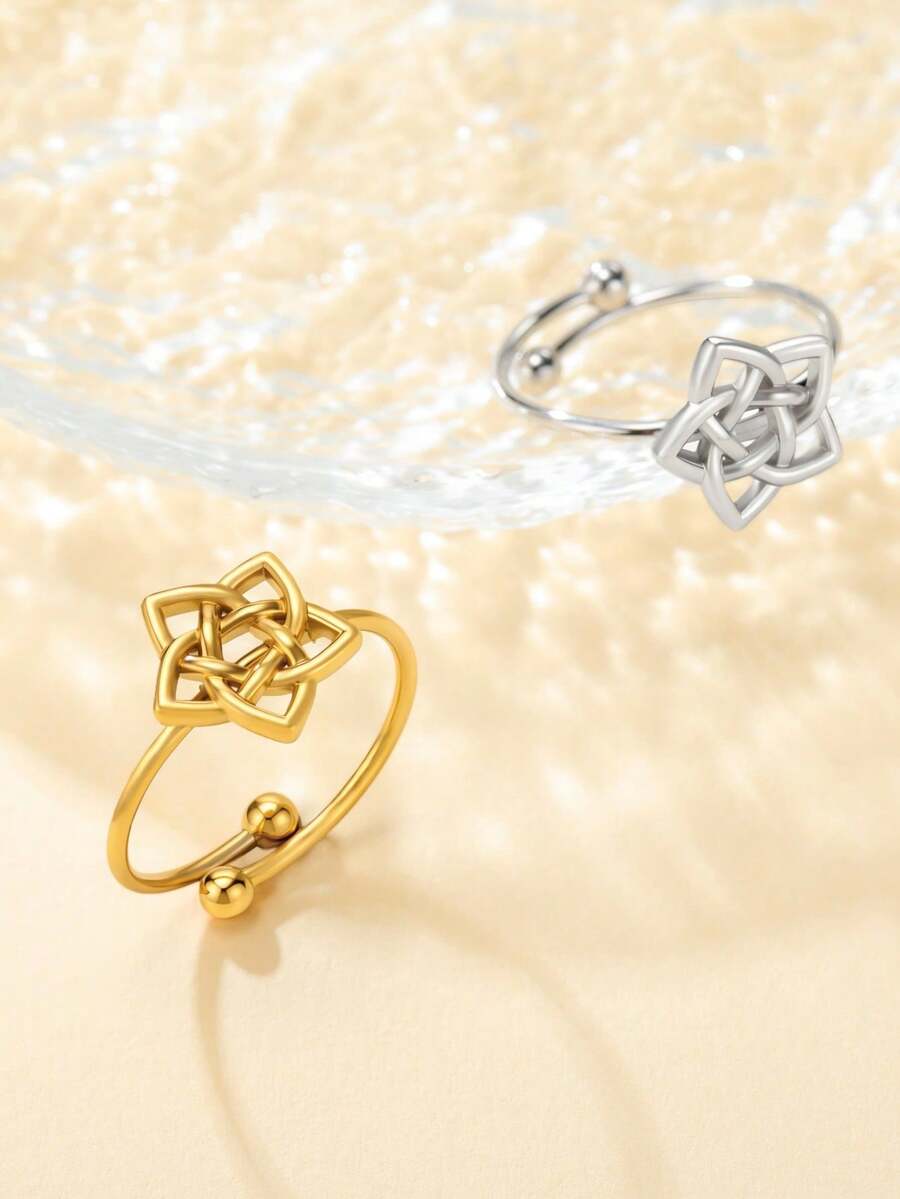 LIKGREAT 1pc Bohemian Vintage Floral Embossed Stainless Steel Adjustable Open Ring, Versatile Unisex Gift - Fashion Series - View 1