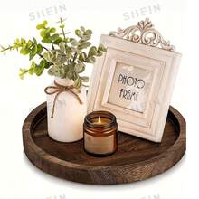 1pc Vintage Wooden Decorative Tray, Round Candle Holder Base, Farmhouse Tabletop Storage Tray, Suitable For Holiday, Birthday, Party Decoration - Brown - View 3