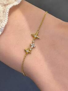 rundraw 1pc Women's Gold-Tone Copper Bracelet With CZ Four-Pointed Star, Minimalist Classic Design, Suitable For Parties, Gatherings, Balls And Daily Wear - Bracelet - View 3
