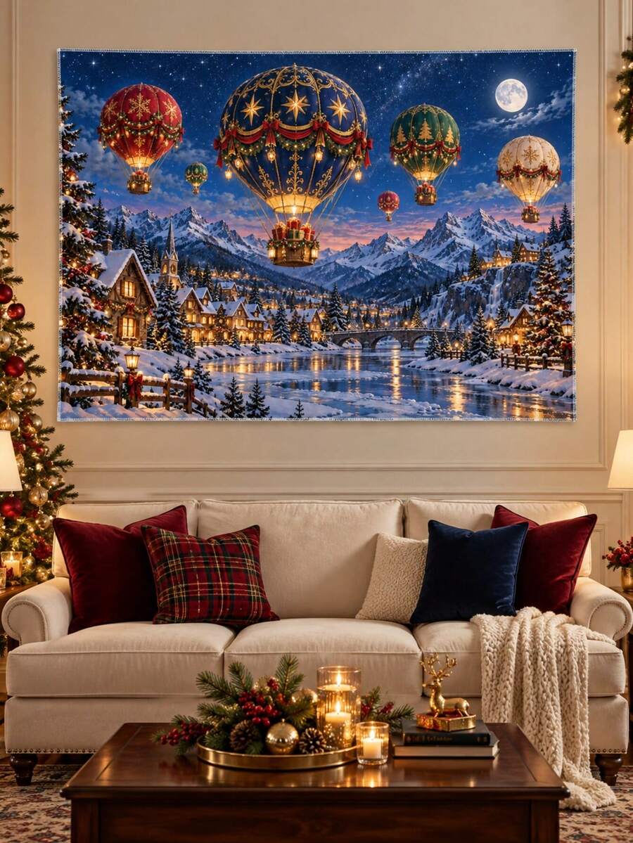 1PC Starlight Christmas Balloon Parade Horizontal Wall Tapestry, Luxury Hot Air Balloon Snowy Village Holiday Backdrop, Faux Ultra-Soft Polyester Single-Sided Print, White Overlock Edge, Multiple Sizes - Multicolor - View 1