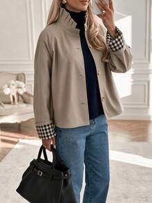 Autumn/Winter Plaid Ruffle Gathered Single-Breasted Stand Collar Rolled Sleeve Long Sleeve Loose Short Trench Coat, Daily Commute Khaki Jacket - Khaki - View 7