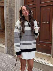 Inbloom 2026 Women's College Style Colorblock Striped Half-Zip Collar Loose Oversized Sweater, Casual Loose Long Sleeve Knit Pullover, Autumn/Winter Streetwear - Grey - View 4