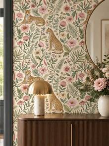 1 Roll Vintage Jungle Leopard Floral Self-Adhesive Wallpaper, Soft Pink Flowers Green Leaves Leopard Animal Pattern, Peel And Stick Waterproof Wall Decal For Nursery, Bedroom, Living Room, Cabinet DIY Renovation Decoration - Multicolor - View 1