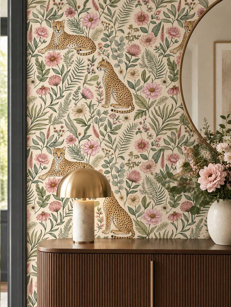 1 Roll Vintage Jungle Leopard Floral Self-Adhesive Wallpaper, Soft Pink Flowers Green Leaves Leopard Animal Pattern, Peel And Stick Waterproof Wall Decal For Nursery, Bedroom, Living Room, Cabinet DIY Renovation Decoration - Multicolor - View 1