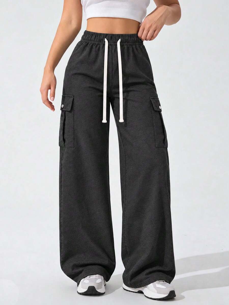 Black Wide Leg Cargo Pants For Women With Elastic Drawstring Waist Flap Pockets Relaxed Loose Fit Trousers For Daily Wear - Black - View 1