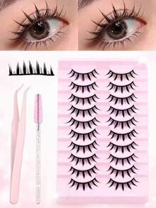 10 Pairs Natural False Eyelashes Set, Includes 1/5pcs Eyelash Brush And 1pc Eyelash Curler, Cartoon Style 3D Faux Mink Soft Hair Flared Natural Realistic Eyelash Extensions Strip Lashes, Eyelash Clusters - Multicolor - View 1