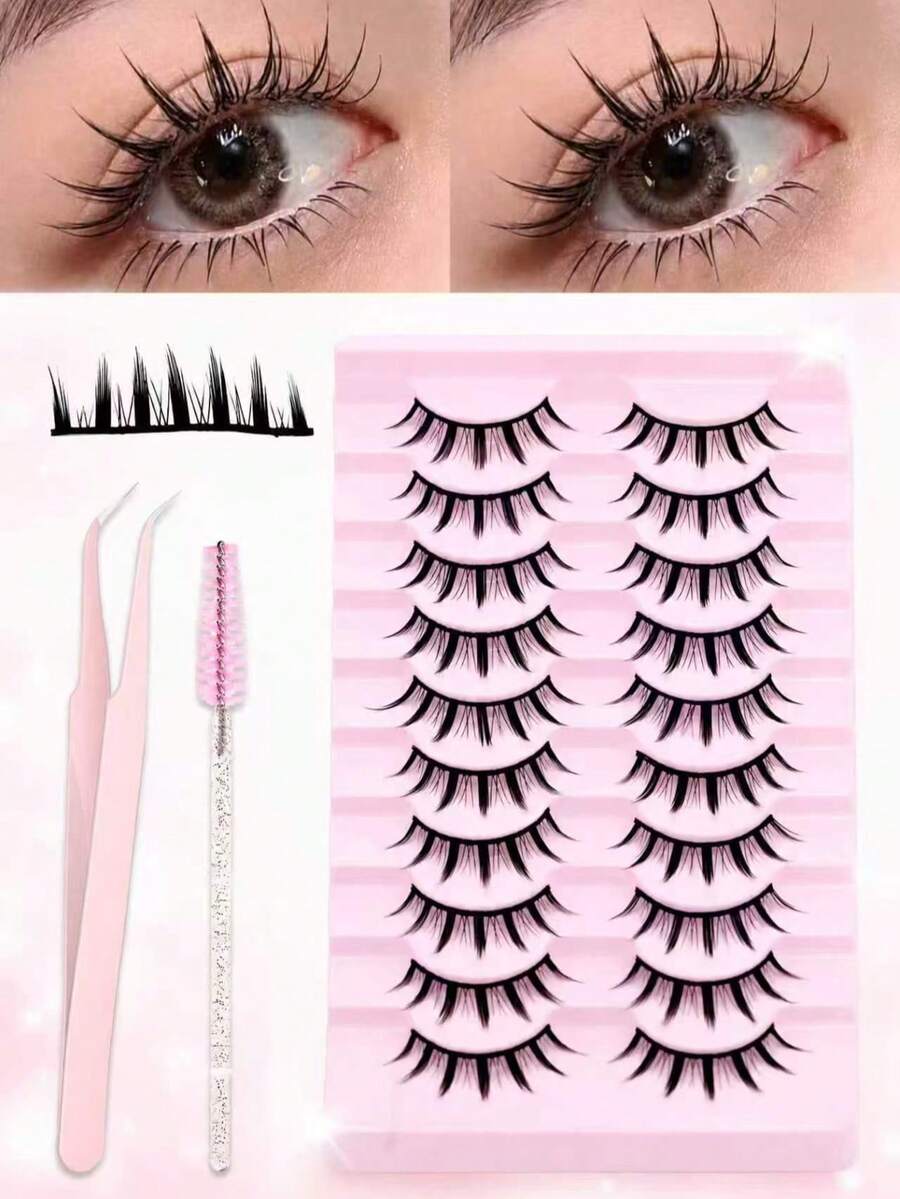 10 Pairs Natural False Eyelashes Set, Includes 1/5pcs Eyelash Brush And 1pc Eyelash Curler, Cartoon Style 3D Faux Mink Soft Hair Flared Natural Realistic Eyelash Extensions Strip Lashes, Eyelash Clusters - Multicolor - View 1