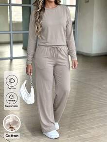 GLAMSKIN Women's Autumn Cotton 2 Pieces Set, Long Sleeve Round Neck Top + Drawstring Wide Leg Pants, Soft Home Casual Street Style Matching Set - Light Khaki - View 3