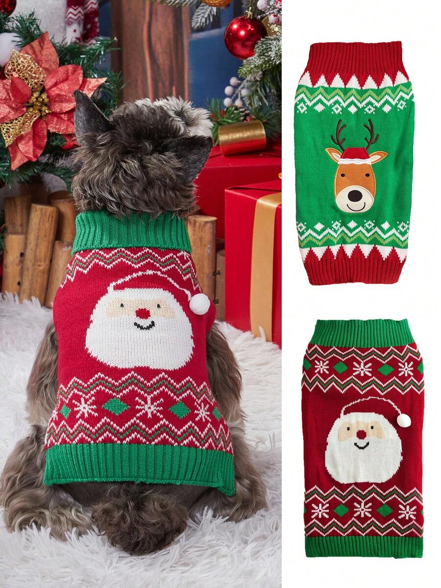 Christmas Dog Sweater, Santa Claus & Reindeer Knitted Pet Jumper, Warm Winter Xmas Clothes For Small Medium Dogs, Holiday Party Pet Outfit