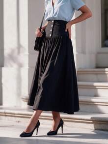 Women's Black High Waist A-Line Midi Skirt With Front Button And Ruched Detail, Casual Commute, Elegant Party Long Skirt, Autumn Women's Clothing, Office Wear, Vintage - Black - View 8