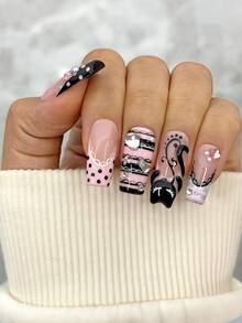 10pcs/Set Y2K Nails Handmade, Cute Nails, Pink Nails, 3D Kitten Pattern Nails & Piano Nails, Stripe Nails, Perfect For Parties & Daily Wear. Short Square Nails. Handmade Press On Nails Square, Fake Nails, Acrylic Nails, Handmade Nails, Fall Nails - Multicolor - View 3