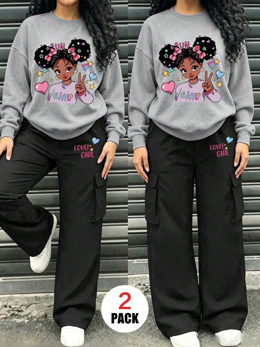 2pcs/Set Girls Outfit, Crew Neck Sweatshirt With Cool Girl Graphic, Paired With Simple Casual Cargo Pants, Y2K Cartoon Design Style, Autumn/Winter - Grey - View 1