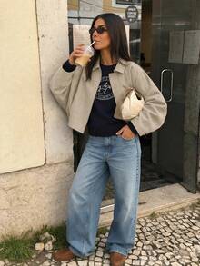 Chaqueta casual urbana de unicolor con bolsillo con cremallera delantera, chaqueta bomber de manga larga relajada, adecuada para primavera y otoño - Beis - Ver 2