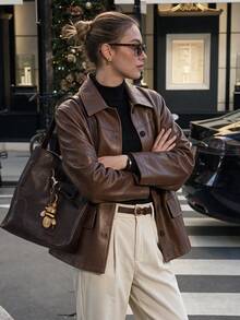 Jaket Kulit PU Cokelat Wanita, Kerah, Lengan Panjang, Desain Kancing, Panjang Standar, Kain Tidak Melar, Cocok untuk Musim Gugur - Coffee Brown - View 3