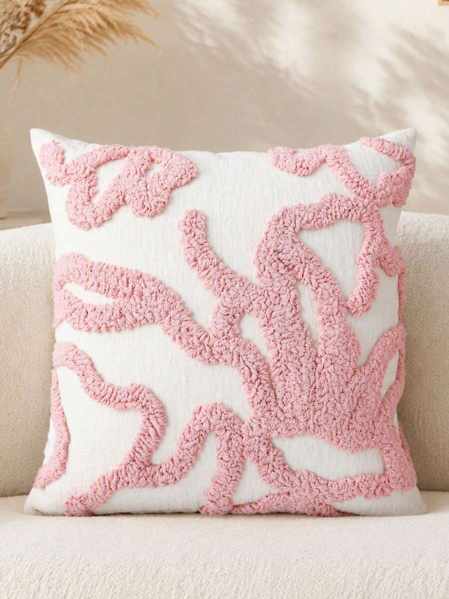 1pc/2pcs Bohemian Style Tufted Pillow Case, Cream Chenille Embroidered Cushion Cover, Abstract Geometric Line Pillowcase, Suitable For Sofa Bed, All Season Neutral Home Decor - Pink - View 1