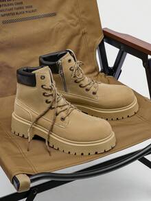 New Autumn/Winter Men's Lace-Up High-Top Ankle Boots, Thick Sole, Plus Size, Side Zipper, Motorcycle Boots, Chunky Heel, Durable Work Boots, Suitable For Outdoor, Halloween, Graduation Season, Camping, Dating, Commuting, Party - Khaki - View 7