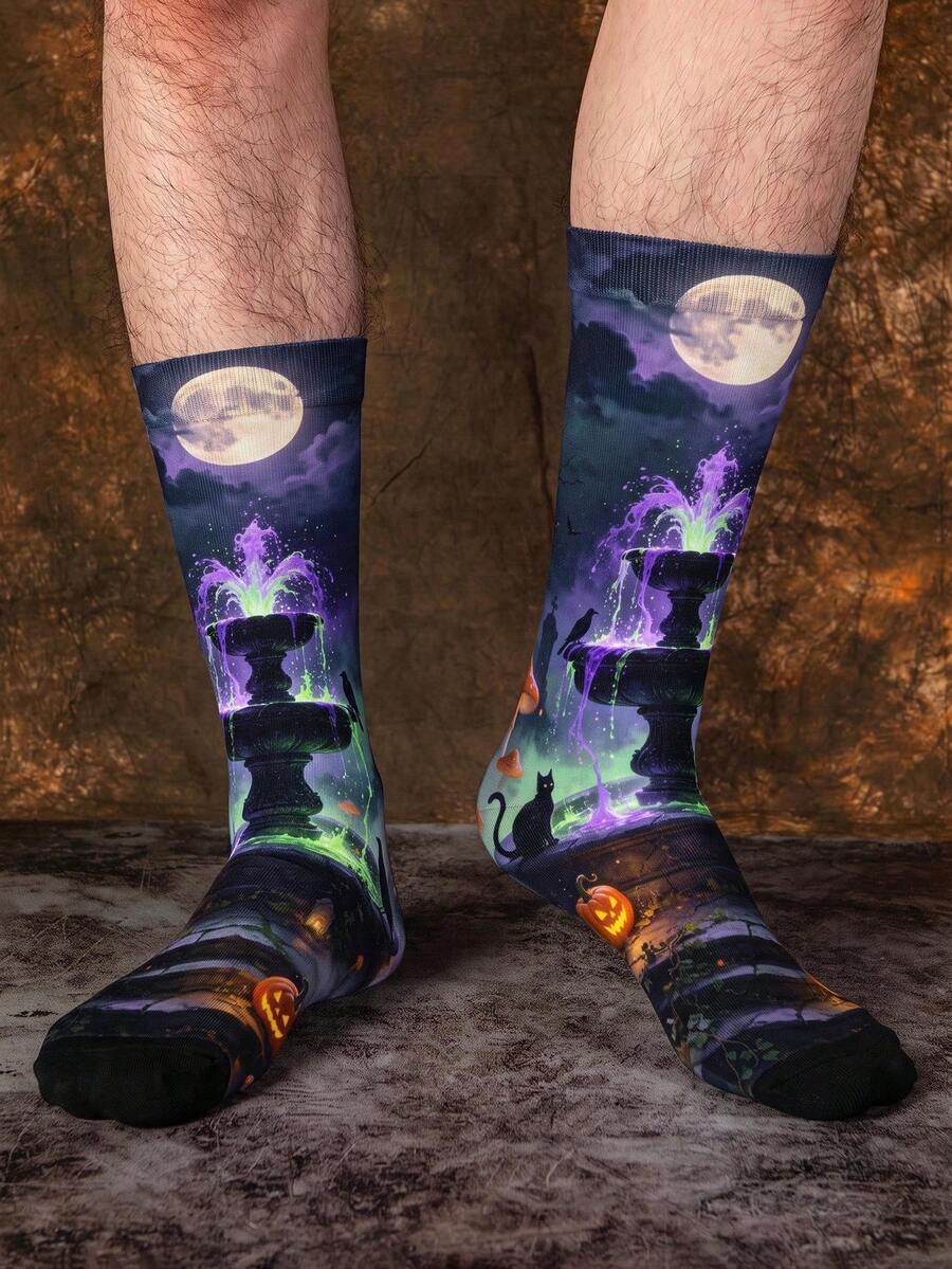 1/3 Pairs Men's Mid-Calf Socks With Creative Fountain And Moon Pattern, Funny Halloween Gift Socks - Multicolor - View 1