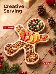 1pc Gingerbread Man Shaped Solid Wood Divided Tray, Christmas Holiday Snack Candy Display Plate, Nut Cookie Storage Dish, Desktop Decor - Multicolor - View 2